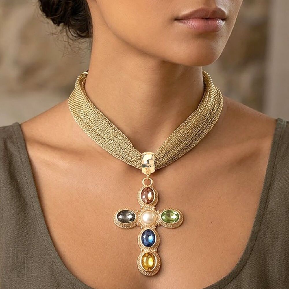 MultiColored Pearl Stone Cross Pendant Mesh Necklace Drama Statement Jewelry